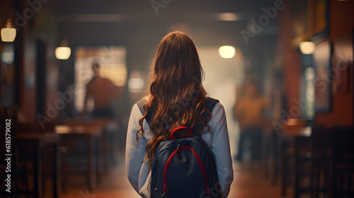 Back view of student girl with backpack. Concept of back to school. AI generated