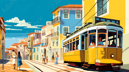 Illustration of a portuguese city with a tram, Portugal