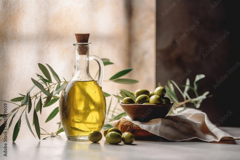 Bottle of olive oil and olives on light rustic and stone background. Olive oil for cooking. Generative AI Bottle of olive oil and olives on light rustic and stone background. Olive oil for cooking. Generative AI