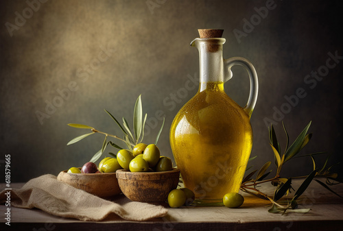 Bottle of olive oil and olives on light rustic and stone background. Olive oil for cooking. Generative AI 