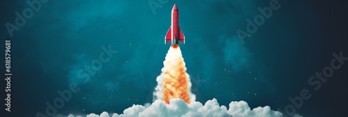 A rocket takes off on a blue background. Generative AI photo