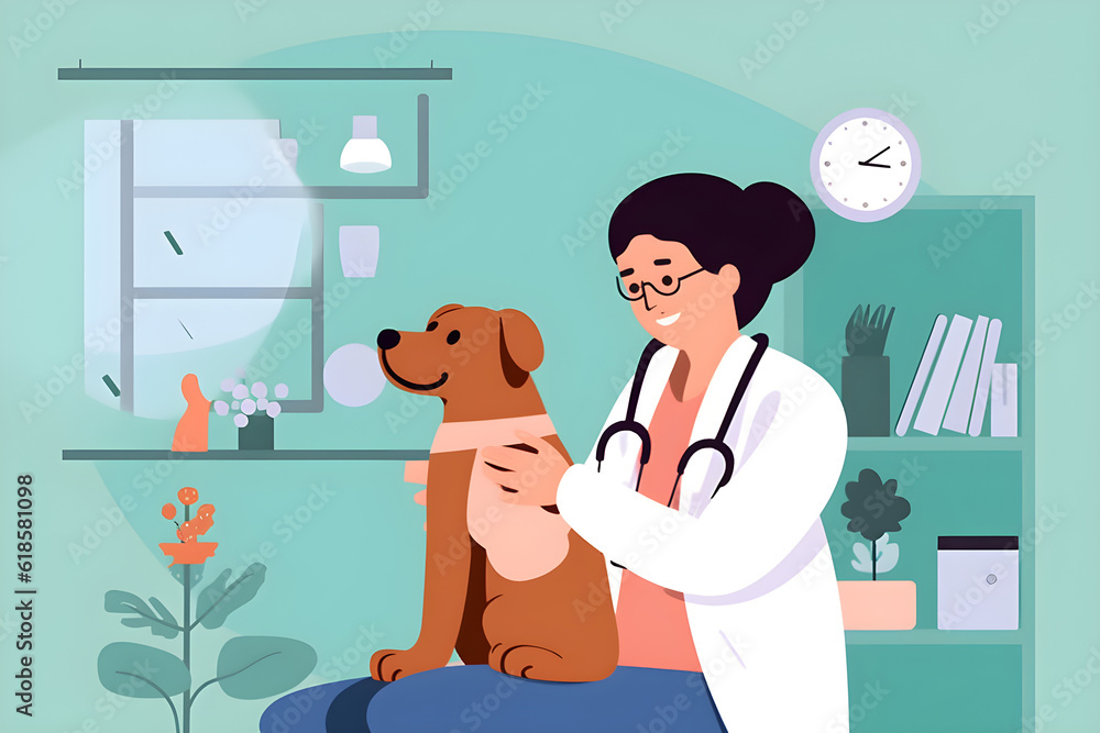  Flat vector illustration happy doctor with dog at vet clinic (