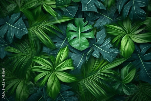 tropical tree forest colourful jungle pattern leaf green nature background palm. Generative AI.