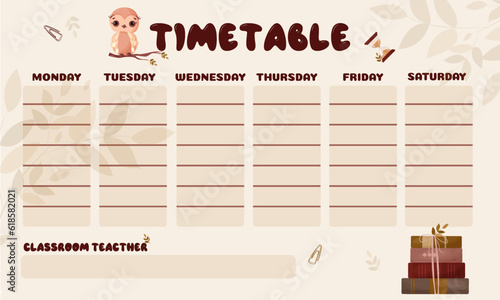 Ready-made timetable template for elementary school. School week pattern. School planner in pastel colors.