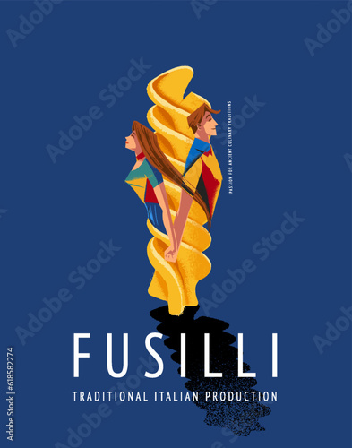 fusilli vintage illustration with man and woman for pasta production