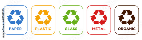 Vector recycling symbols: paper, plastic, glass, metal, organic. Recycle by colors illustration on white background. Perfect for stickers, posters, educational purposes, etc.