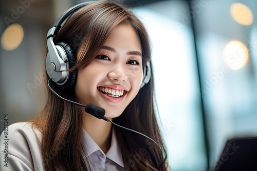 Female korean customer support operator with headset and smiling working in call center