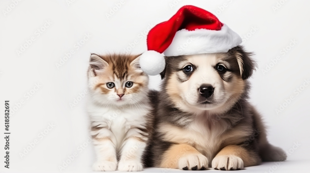 Cute fluffy ginger kitten and puppy in santa claus hat, close-up light background copy space. New Year, holiday concept Cute fluffy ginger kitten and puppy in santa claus hat, close-up light background copy space. New Year, holiday concept