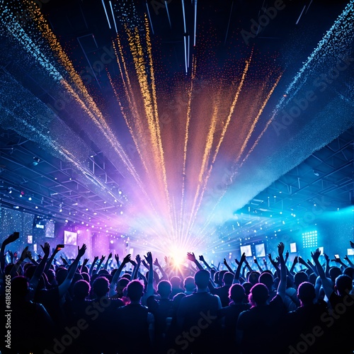 Photo of a lively concert crowd with hands raised in the air