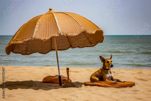 a dog on the beach with a umbrella, summer day, heat