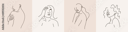Set of woman face portraits line art sketch. One black line art female heads. Vector illustration in outline simple style