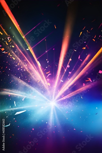Photo of brightly colored confetti and streamers on a vibrant background