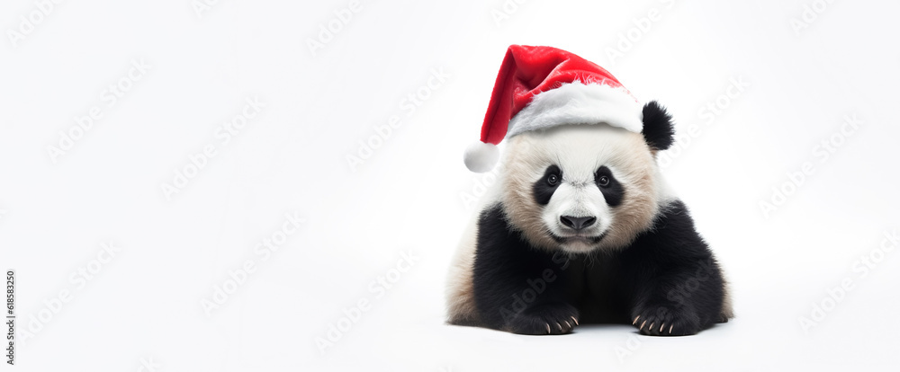 Fototapeta premium Clumsy cute panda bear in santa claus hat, white background copy space. New Year, holiday concept