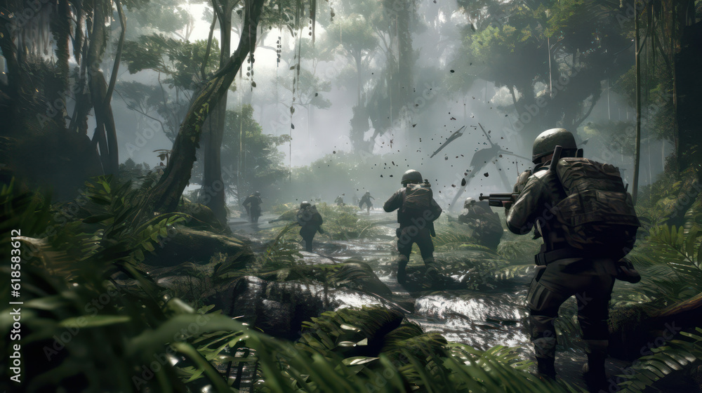 Jungle Warriors: Intense Combat and Tactical Survival in a Dark Gaming Battlefield AI Generative