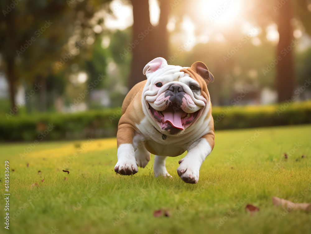 brown english bulldog run on green grass at public park, sunshine, fat dog, generative ai