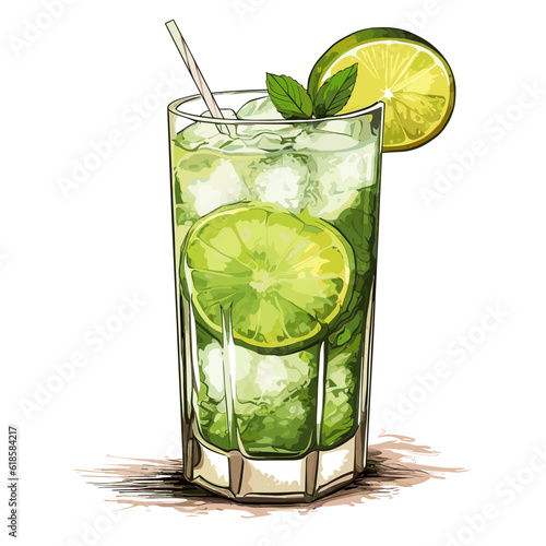 Vector illustration. Fresh Cocktail Mojito. Flat Style. Colorful cartoon illustration. Isolated on white background. Design for menu, bar, cafe, poster and t-shirt