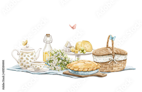 Watercolor vintage summer composition with vintage wicker picnic basket  pie  teapot  cup  variety of cheeses and bouquet on blanket isolated on white background. Hand drawn illustration sketch