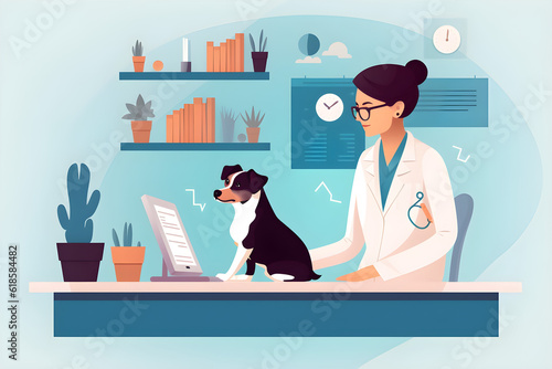  Flat vector illustration happy doctor with dog at vet clini 