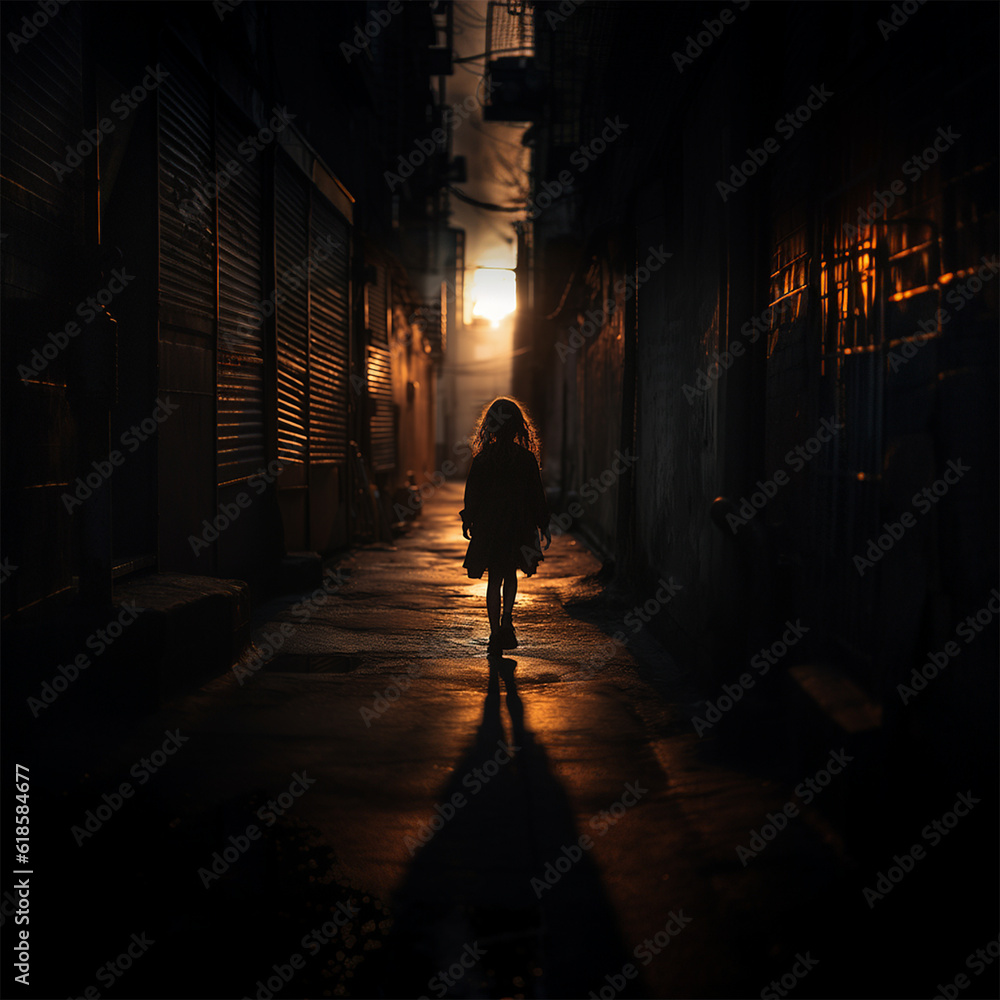 Young girl walking in a deserted alley at sunset Generative AI Artwork 
