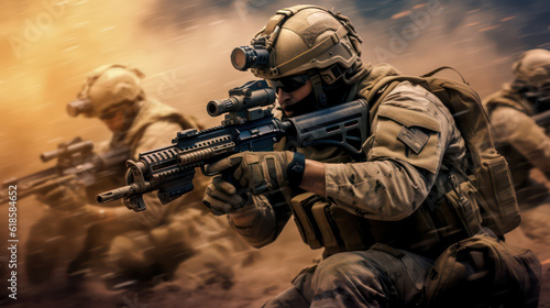 Counterterrorist Mercenary in Combat Action soldier, military, army, war, gun, rifle, weapon, AI Generative