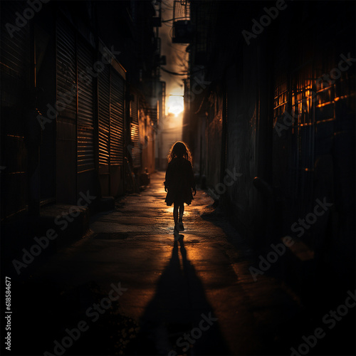 Young girl walking in a deserted alley at sunset Generative AI Artwork 