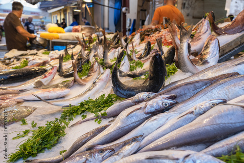 Fototapeta Naklejka Na Ścianę i Meble -  Stall with fishes on food market Capo in Palermo, Sicily