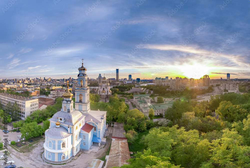 Fototapeta premium Summer Yekaterinburg, Temple of the Ascension and Temple on Blood in beautiful clear sunset.