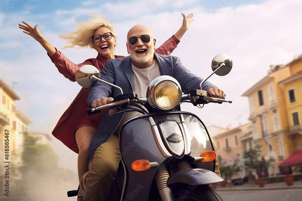Retired couple riding motorcycle happy seniors on vacation - obrazy, fototapety, plakaty 
