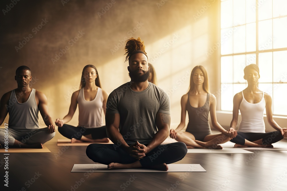 Group meditation in yoga studio, breathing exercises, men and women meditating and breathing with eyes closed, breathing concept Group meditation in yoga studio, breathing exercises, men and women meditating and breathing with eyes closed, breathing concept