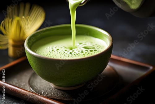 Green matcha tea drink being poured, AI Generated