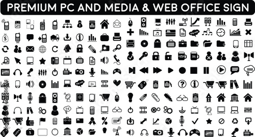 black and white icons set of premium icons for PC AND MEDIA Icons collection | set of 200 premium web office icons | Set vector line icons in flat design Media Signs with elements for mobile concepts 