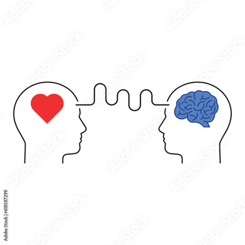 connection of mind and heart with heads. flat linear modern simple iq or bias logotype graphic design isolated on white background. psychoanalysis with mentor or behavior help and emotional intellect