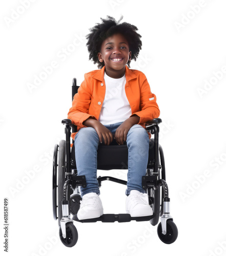 Black happy child in wheelchair isolated on transparent background. PNG file, generative ai image.
