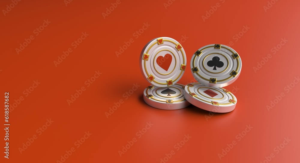 Casino chip on red background, casino chips with playing cards suits, poker chips, flyer for casino, baner for online games (3d illustration) Casino chip on red background, casino chips with playing cards suits, poker chips, flyer for casino, baner for online games (3d illustration)