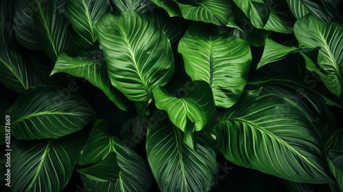 Close-up Serenity  Dark Tone Background of Spathiphyllum Cannifolium Leaves in the Garden  Embodying the Essence of Tropical Nature  generative ai.
