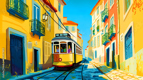 Illustration of a portuguese city with a tram, Portugal