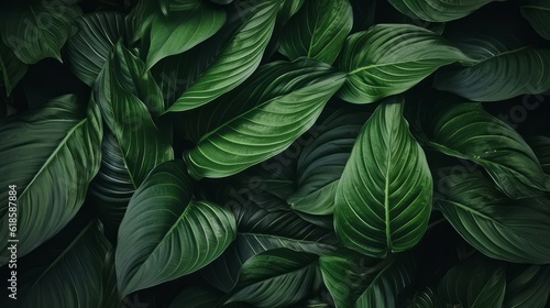 Close-up Serenity, Dark Tone Background of Spathiphyllum Cannifolium Leaves in the Garden, Embodying the Essence of Tropical Nature, generative ai. © Phanida
