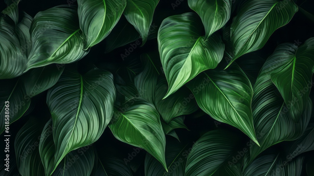 Close-up Serenity, Dark Tone Background of Spathiphyllum Cannifolium Leaves in the Garden, Embodying the Essence of Tropical Nature, generative ai.