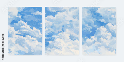 Set of vertical banner, poster, cover or greeting card with blue sky and white clouds. Beautiful watercolor sky background. Vector illustration