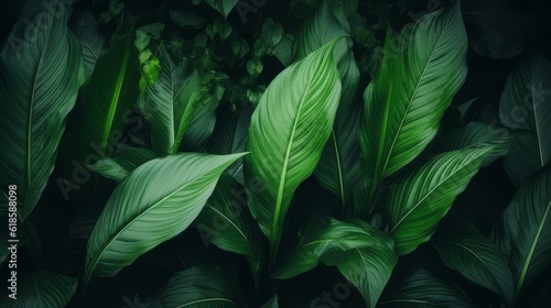 Close-up Serenity  Dark Tone Background of Spathiphyllum Cannifolium Leaves in the Garden  Embodying the Essence of Tropical Nature  generative ai.