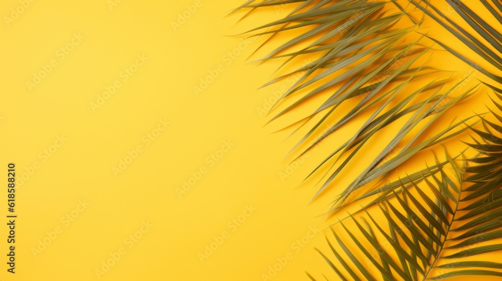 Obraz premium Inviting Summer Aura, Aesthetic Tropical Palm Leaves Composing a Minimalist Backdrop on Yellow, Copy Space Available, generative ai.