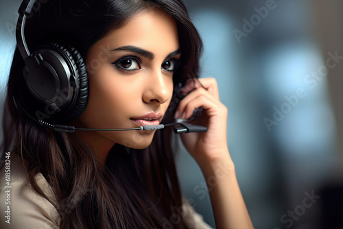 Female Indian customer support operator with headset and smiling working in call center