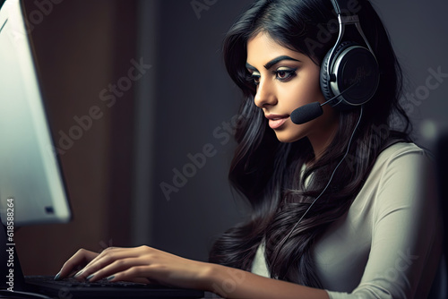 Female Indian customer support operator with headset communicate and smiling working in call center