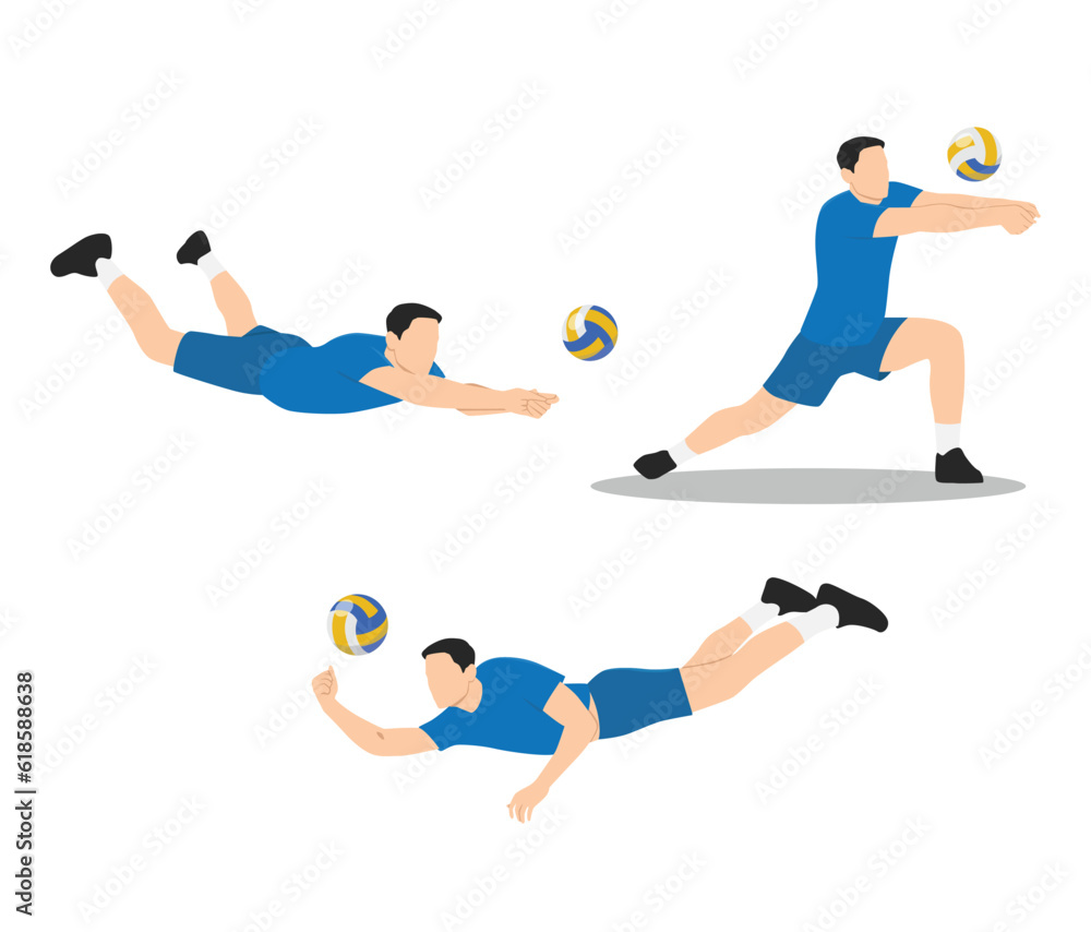 Young sportsman playing volleyball set with different gestures variations. Flat vector illustration isolated on white background