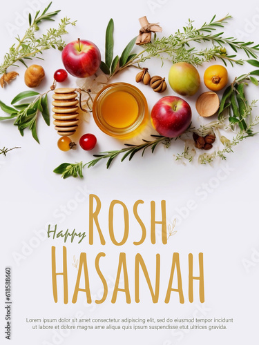 Jewish New Year or  Rosh Hashanah with Honey and Apples. AI Generative Image photo