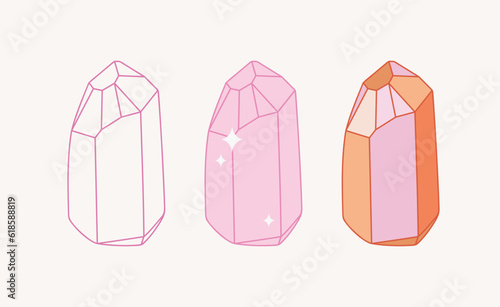 Hand-drawn beige pink crystal mineral isolated on beige background. Minimalistic line art, and colorful flat, retro style.