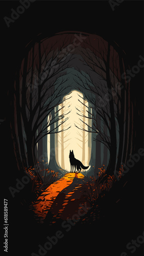Illustration of a wolf silhouette in the middle of the forest