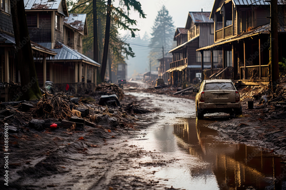 A car is parked on a muddy street. Generative AI. River flooding local village, desolation scene. A car is parked on a muddy street. Generative AI. River flooding local village, desolation scene.
