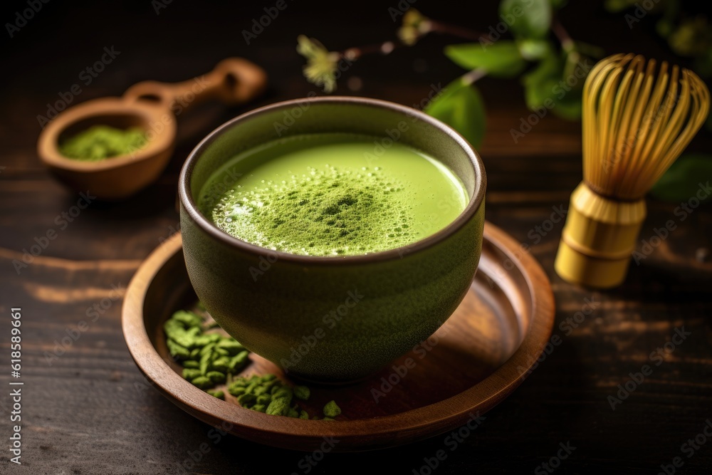 Green matcha tea drink on tray, AI Generated Green matcha tea drink on tray, AI Generated