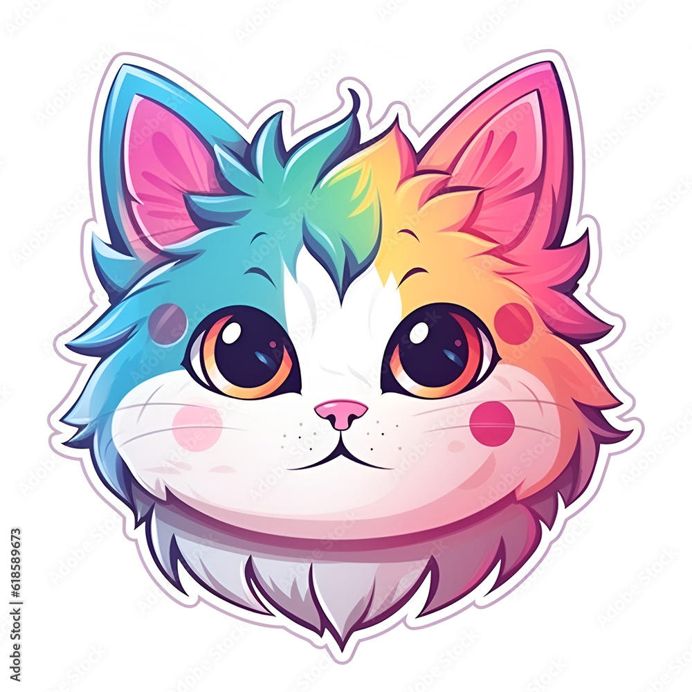 Fototapeta premium Illustration, AI generation. kawaii sticker. happy colorful cat.
